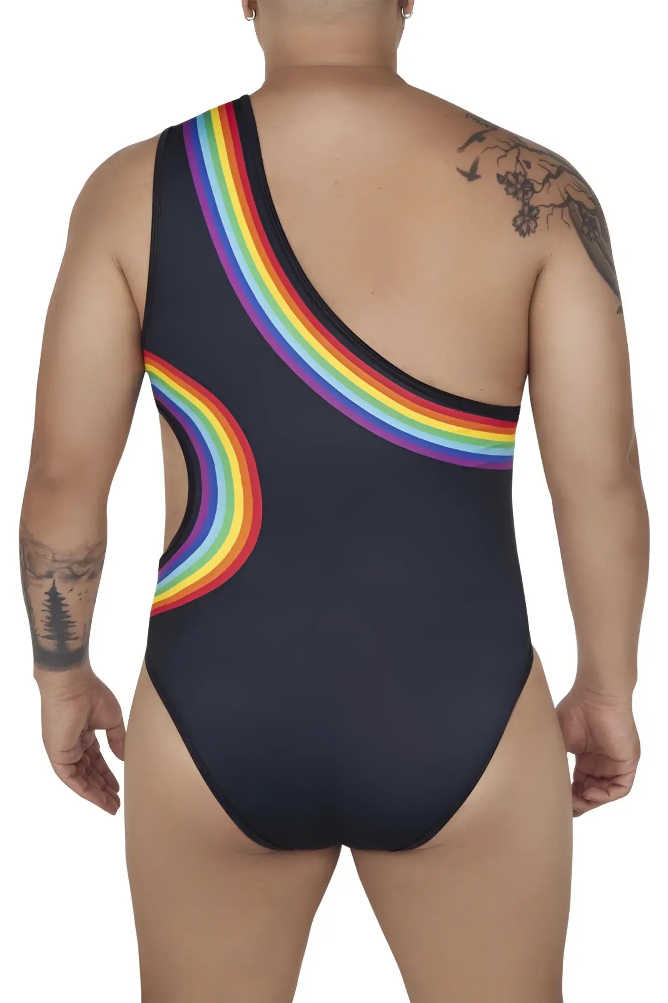 Black CandyMan 99702X rainbow bodysuit with vibrant rainbow arc design on shoulder and side one-piece swimsuit