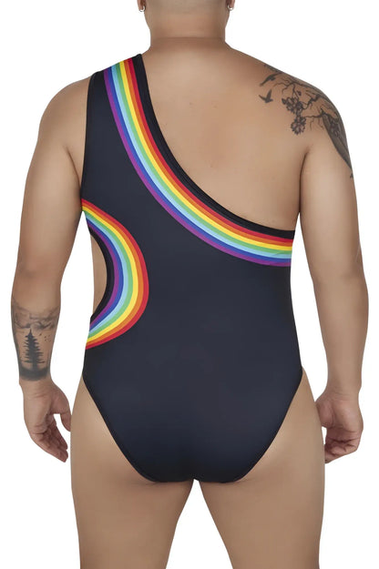 Black CandyMan 99702X rainbow bodysuit with vibrant rainbow arc design on shoulder and side one-piece swimsuit
