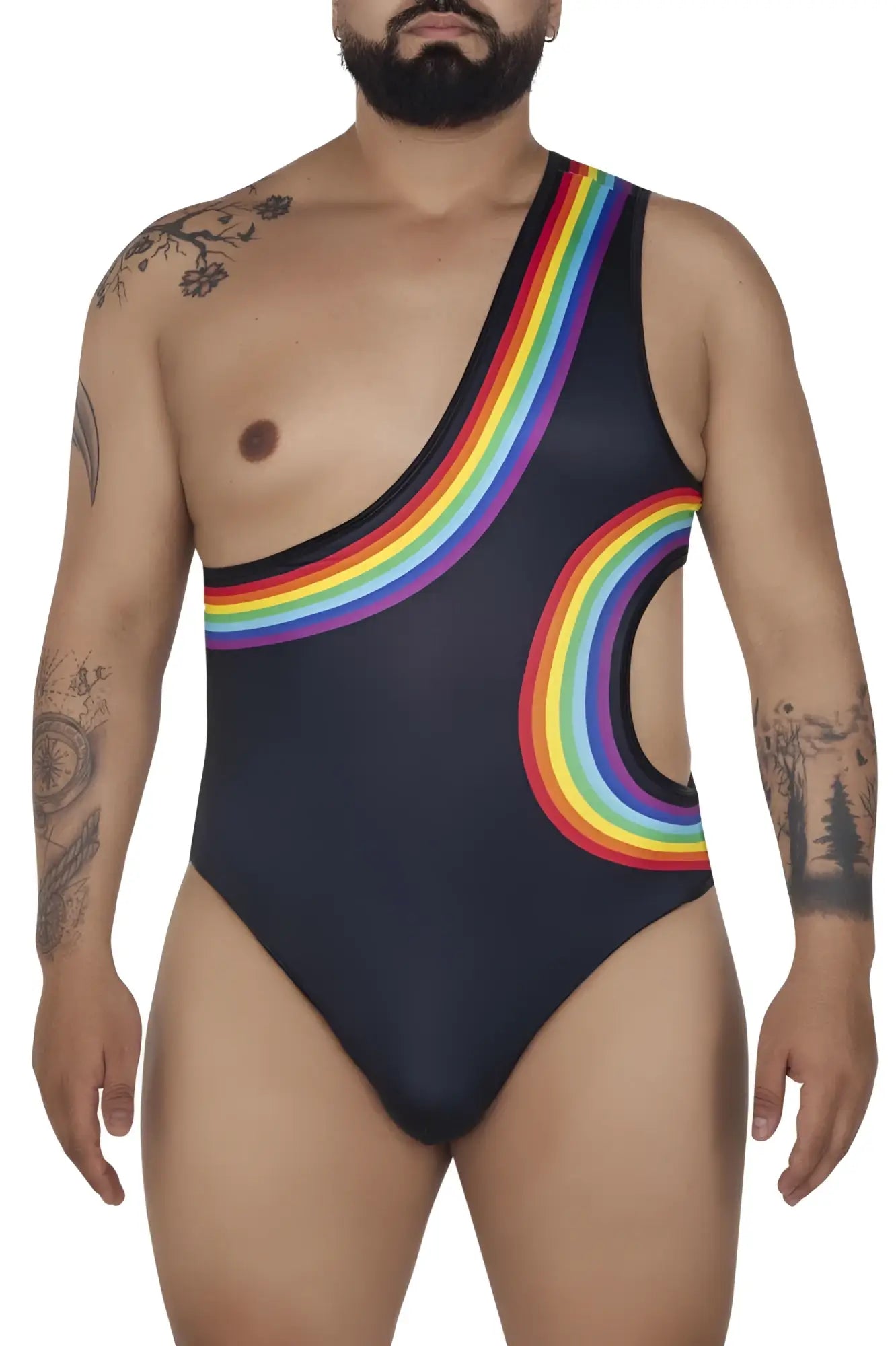 Black CandyMan 99702X one-piece swimsuit with vibrant rainbow arc design and side hip cutouts visible from front