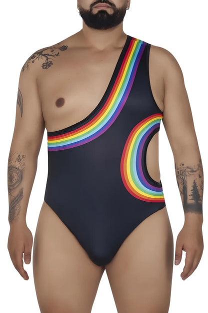 Black CandyMan 99702X one-piece swimsuit with vibrant rainbow arc design and side hip cutouts visible from front