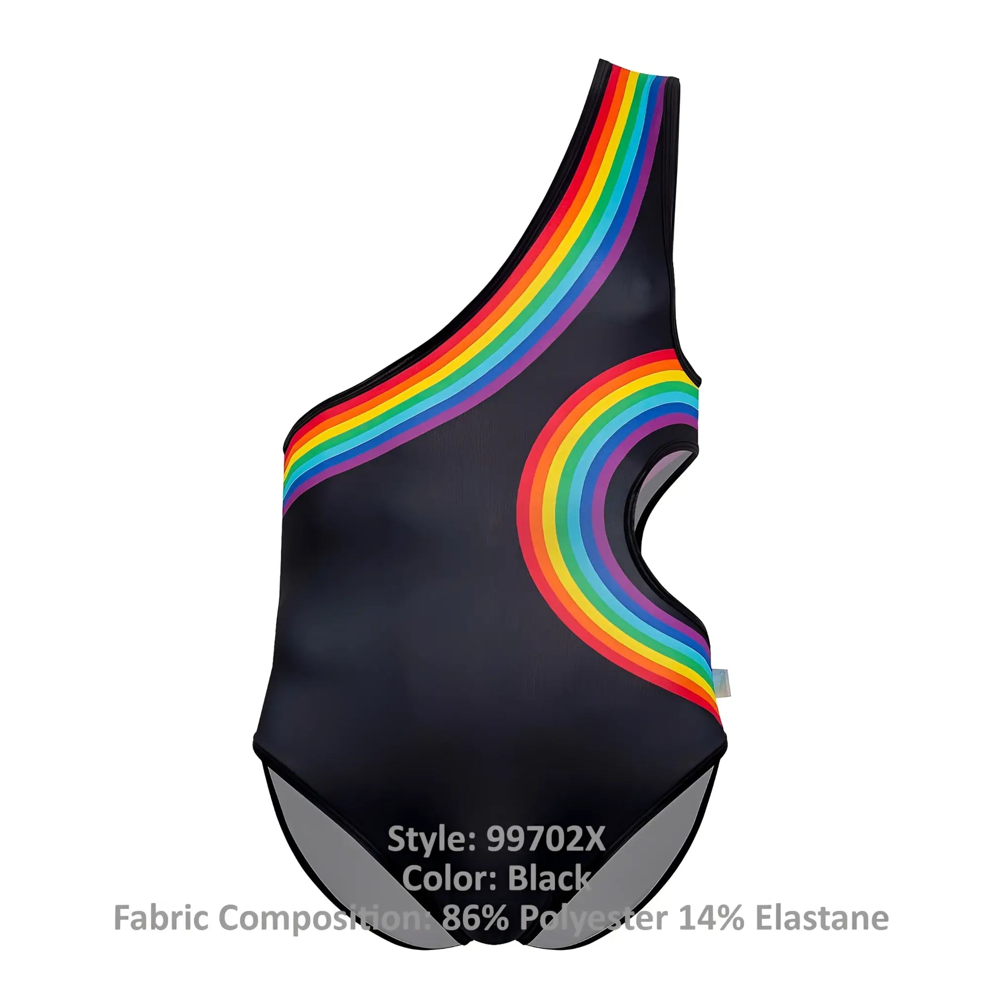 Black CandyMan 99702X one-shoulder swimsuit with vibrant rainbow arc design on shoulder and side