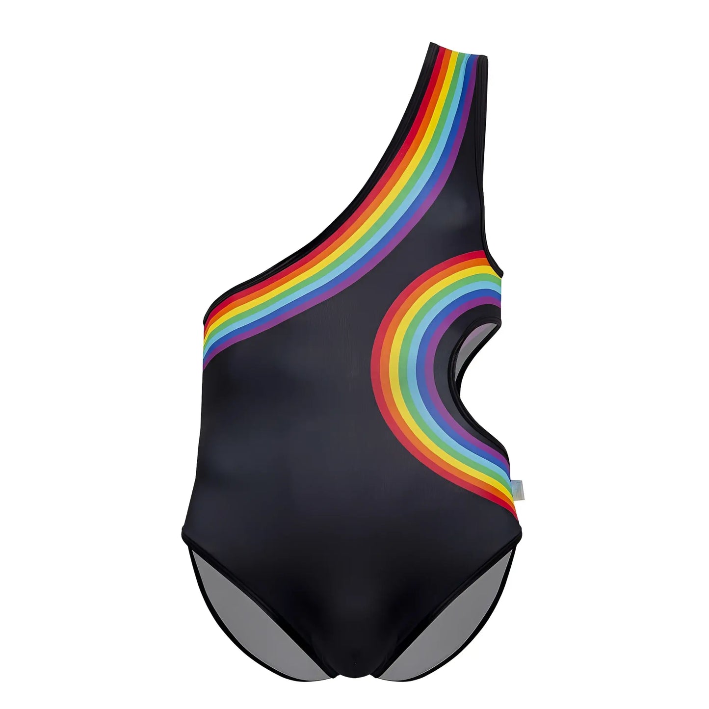 Black on-shoulder swimsuit candyMan 99702X featuring vibrant rainbow curved stripes in red orange yellow green blue purple