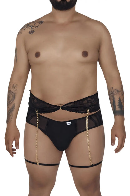 Black candyMan 99703X garter briefs with lace trim gold chain detail and mesh panels in a two piece set