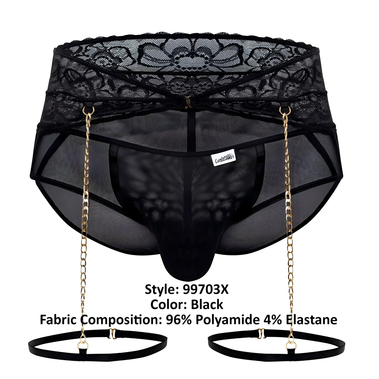 Black candyMan 99703X garter briefs two piece set featuring lace trim mesh briefs with gold chain suspenders and black straps