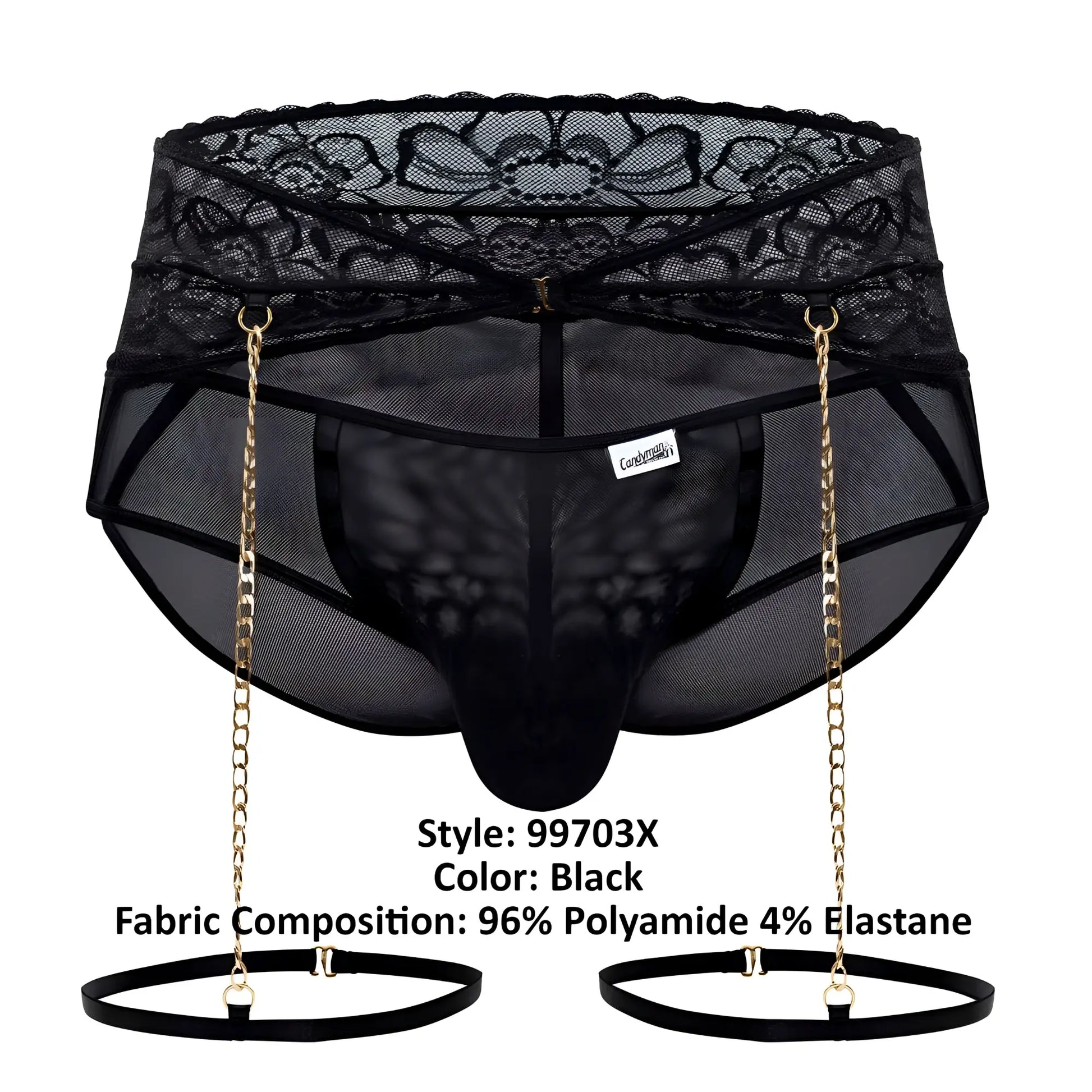 Black candyMan 99703X garter briefs two piece set featuring lace trim mesh briefs with gold chain suspenders and black straps