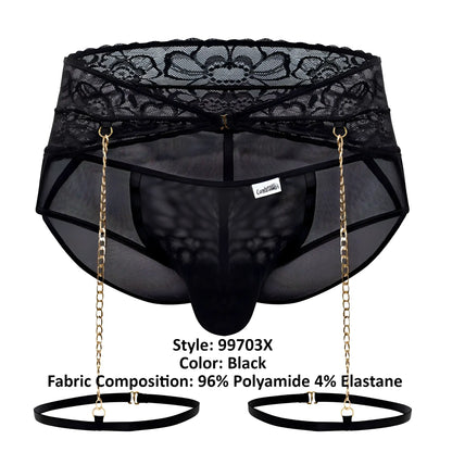 Black candyMan 99703X garter briefs two piece set featuring lace trim mesh briefs with gold chain suspenders and black straps
