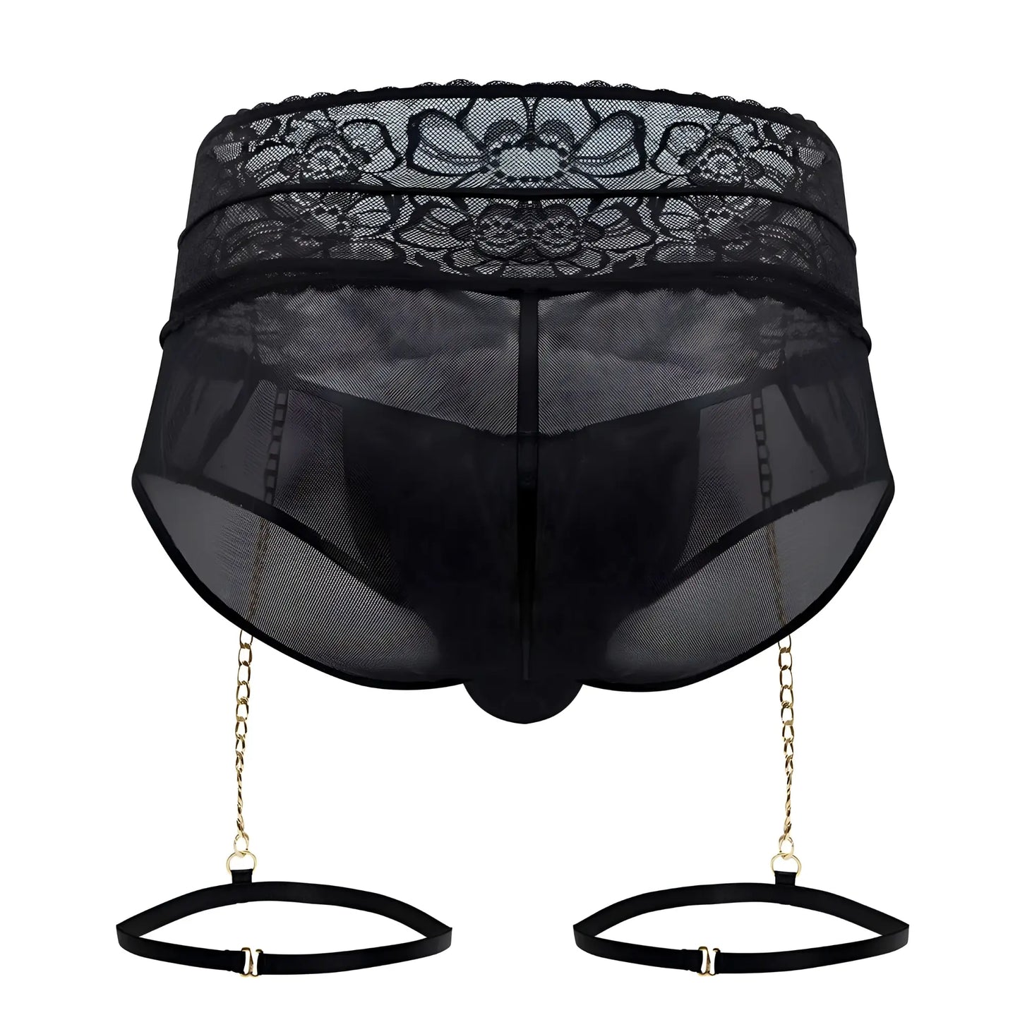 CandyMan 99703X black lace-trimmed mesh garter briefs with gold chain suspenders and black adjustable straps