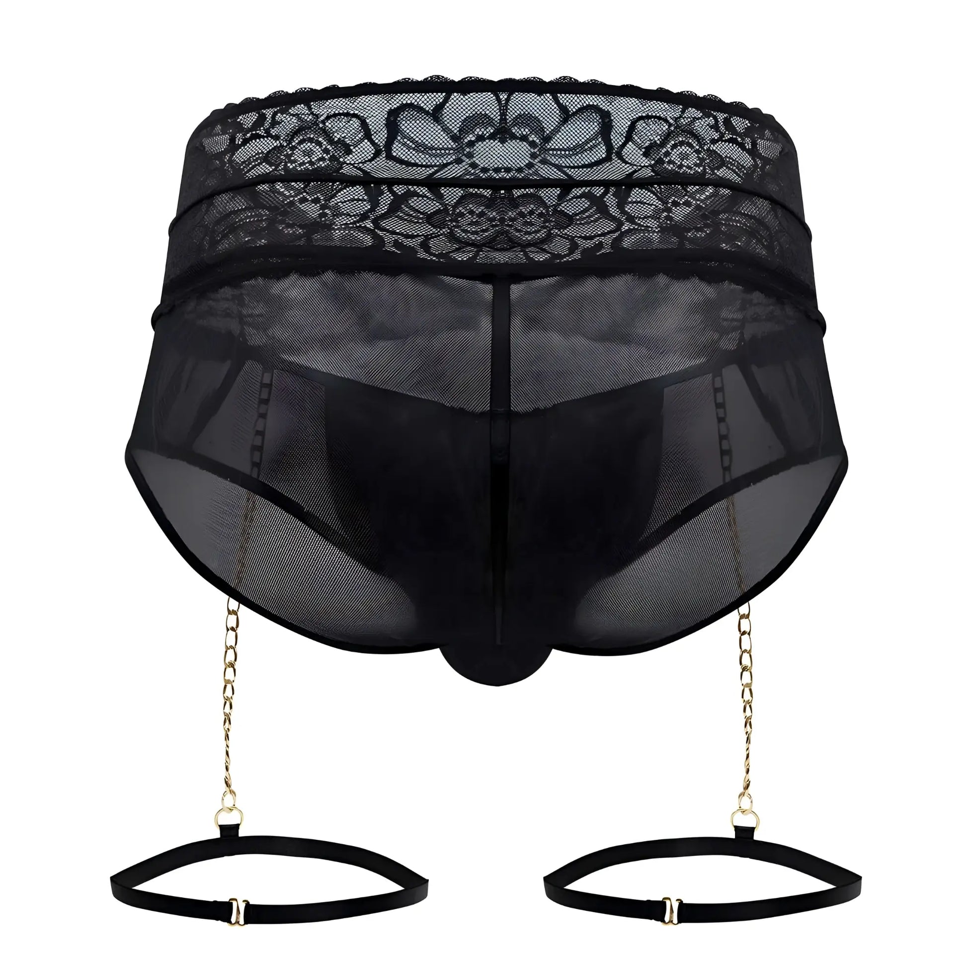 CandyMan 99703X black lace-trimmed mesh garter briefs with gold chain suspenders and black adjustable straps