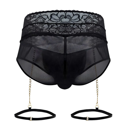 CandyMan 99703X black lace-trimmed mesh garter briefs with gold chain suspenders and black adjustable straps