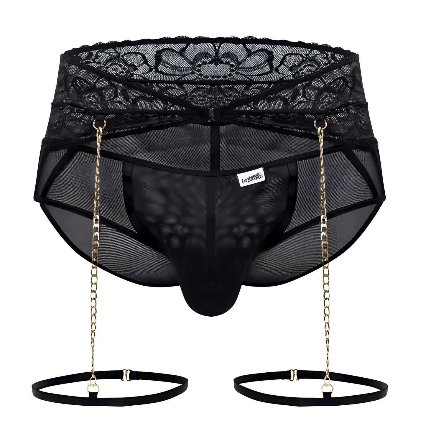 Black lace-trimmed mesh briefs with gold chain suspenders and elastic straps from candyman 99703x garter briefs set