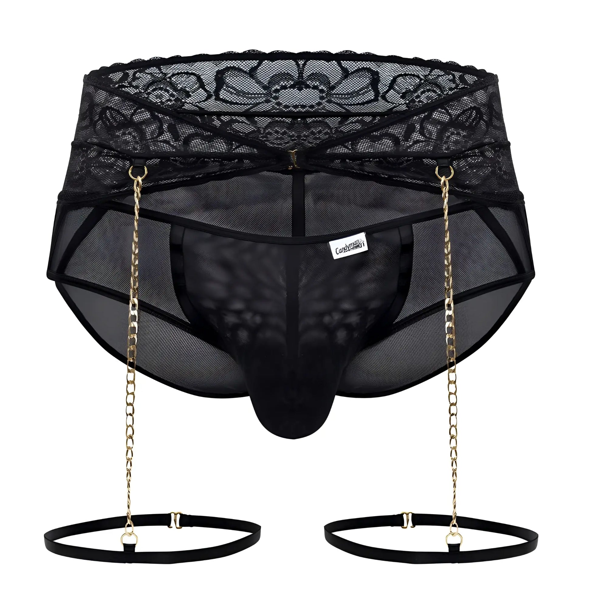 Black lace-trimmed mesh briefs with gold chain suspenders and elastic straps from candyman 99703x garter briefs set