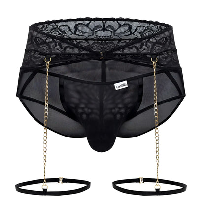 Black lace-trimmed mesh briefs with gold chain suspenders and elastic straps from candyman 99703x garter briefs set