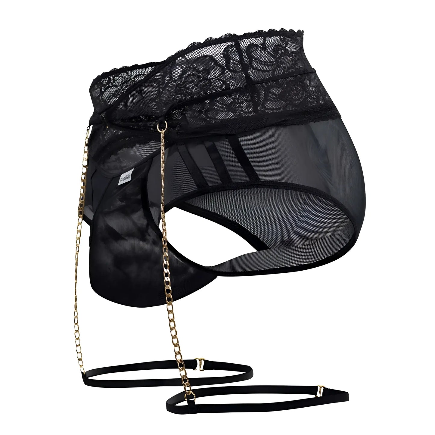 Black lace-trimmed mesh hip bag with gold chain strap and adjustable belt from candyman 99703x garter briefs set