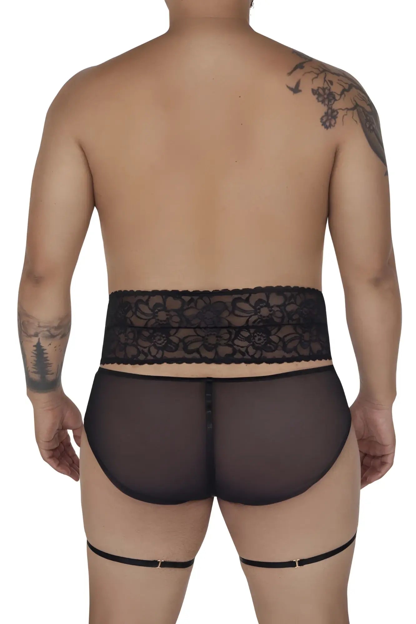 Black candyMan 99703X garter briefs two piece set featuring lace-trimmed sheer briefs with matching thigh straps