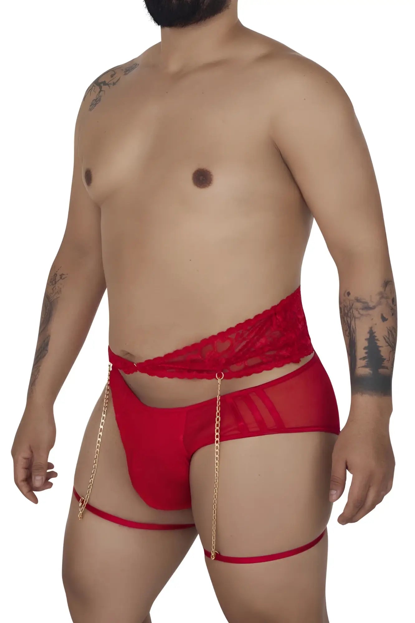 Red lace and mesh mens lingerie garter briefs two piece set with gold chain straps from candyman in red