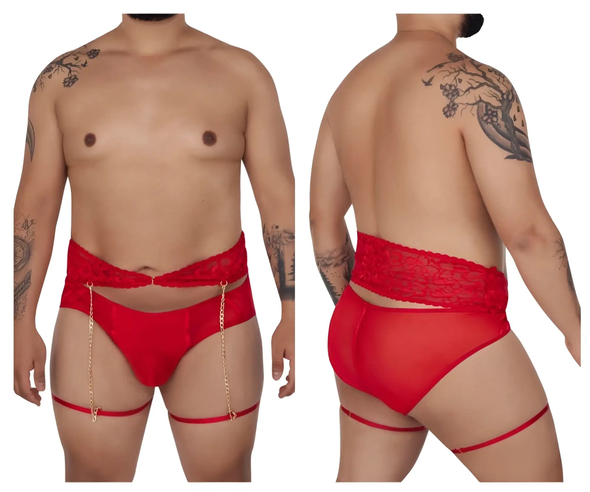 Red lace-trimmed candyMan 99703X garter briefs two piece set with gold chain straps in red