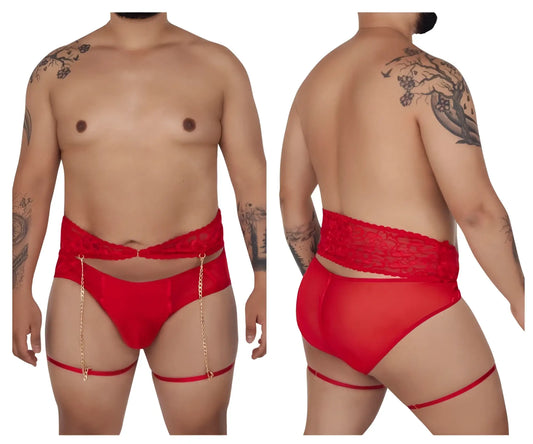 Red lace-trimmed candyMan 99703X garter briefs two piece set with gold chain straps in red