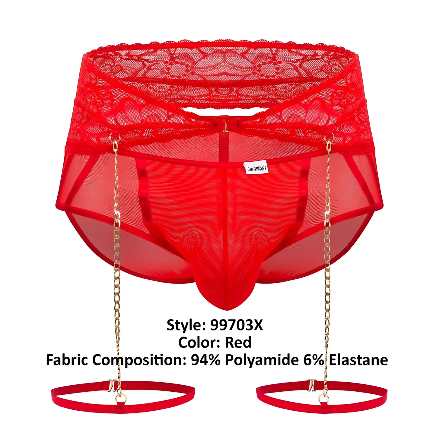 Red candy man 99703x garter briefs two piece set with lace-trimmed mesh and gold chain suspenders