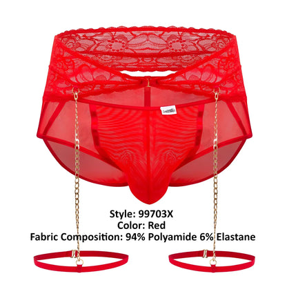 Red candy man 99703x garter briefs two piece set with lace-trimmed mesh and gold chain suspenders