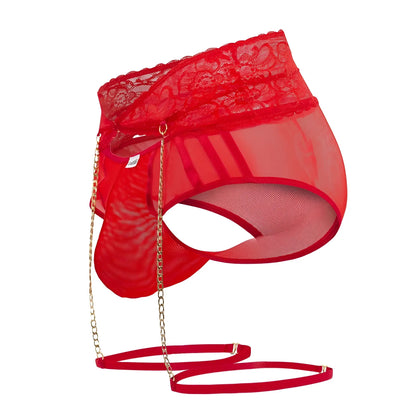 Red lace-trimmed mesh briefs with gold chain and red strap accessory from candyman 99703x garter briefs set