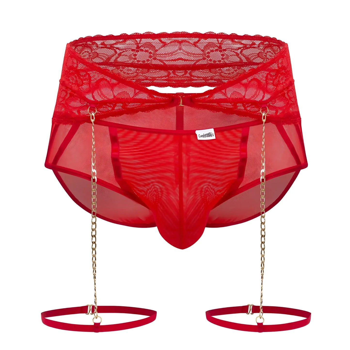 Red lace-trimmed mesh briefs with gold chain suspenders and matching garter belts from candyman 99703x set in red