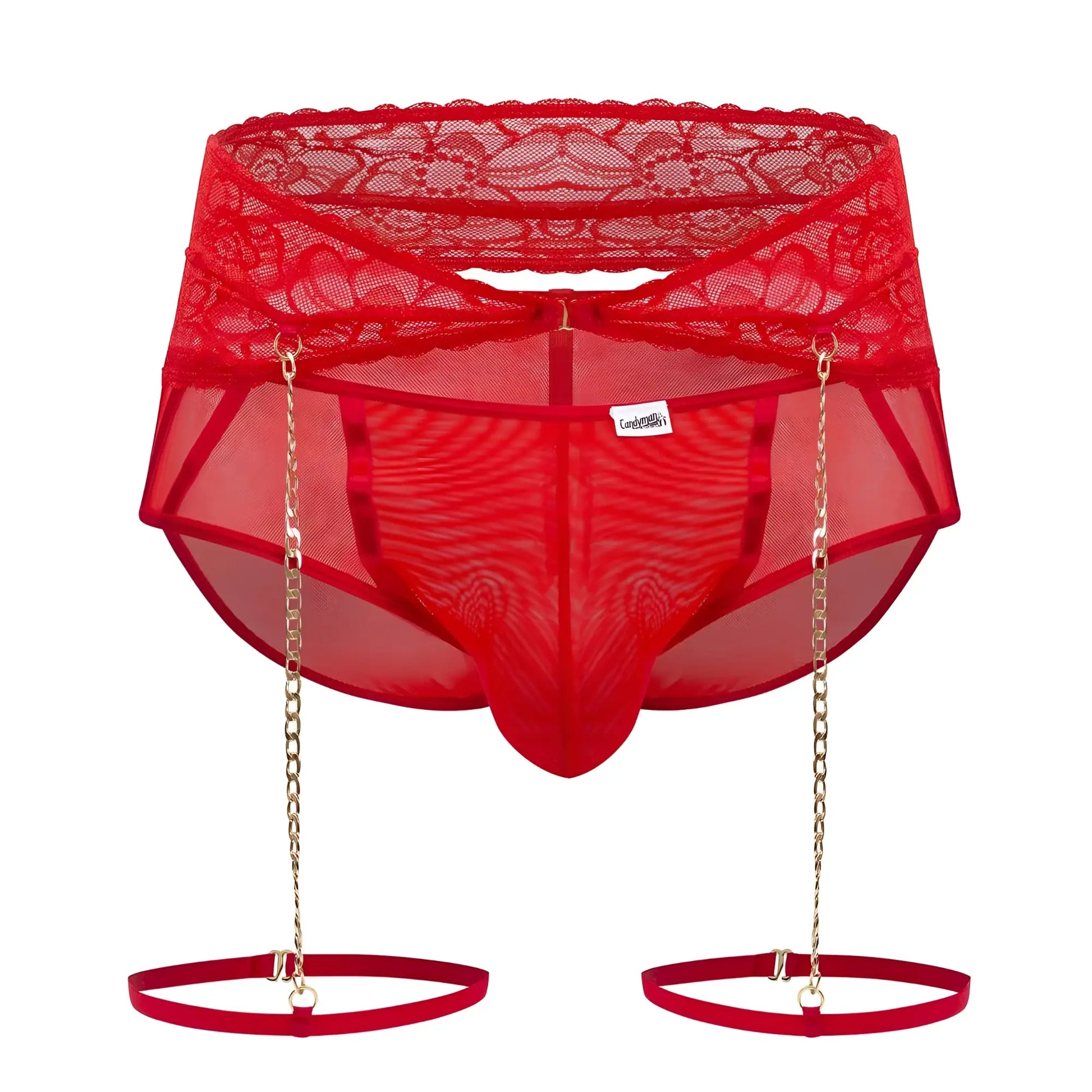 Red lace-trimmed mesh briefs with gold chain suspenders and matching garter belts from candyman 99703x set in red