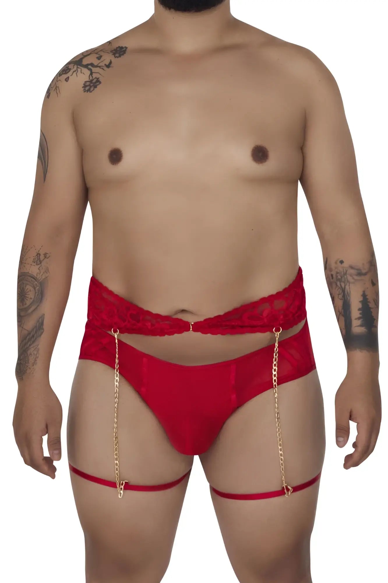 Red lace-trimmed satin briefs with gold chain suspenders from candyman 99703x garter briefs two piece set in red