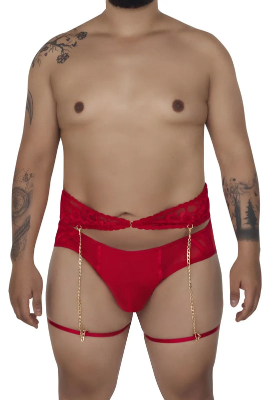 Red lace-trimmed satin briefs with gold chain suspenders from candyman 99703x garter briefs two piece set in red