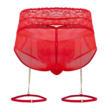Red sheer lace-trimmed garter briefs with gold chain suspenders and matching straps from candyman 99703x set