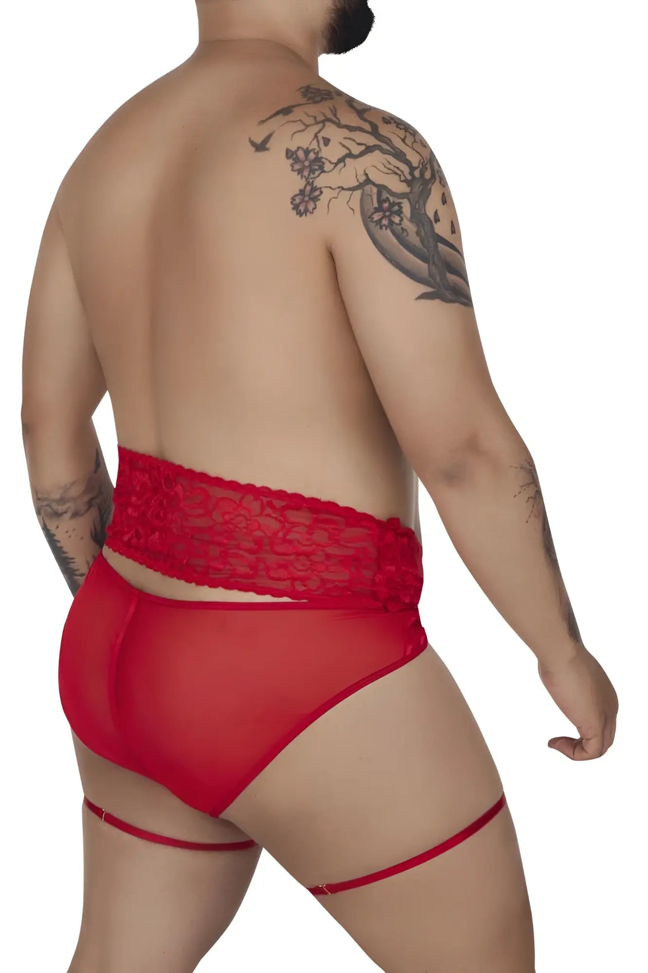 Red lace-trimmed sheer briefs with matching garter straps in a red CandyMan 99703X two piece set