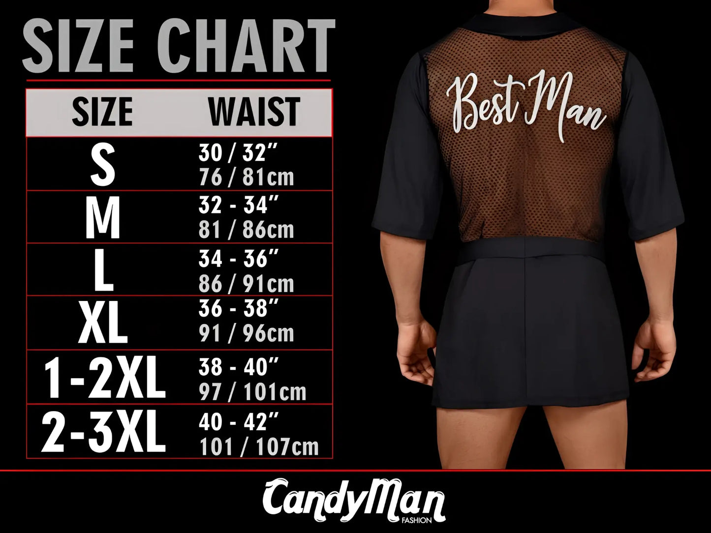 Black mesh vest with best man embroidery worn over matching beige-red CandyMan 99709 micro lace jockstrap shorts