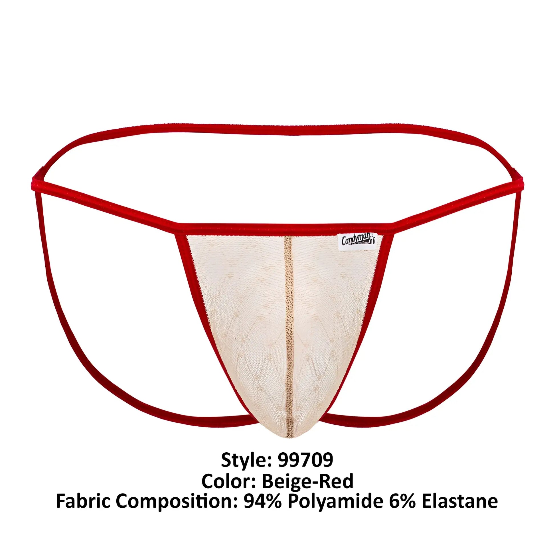 Beig and red mesh thong jockstrap with central gold-colored seam detail from candyman 99709 micro lace collection