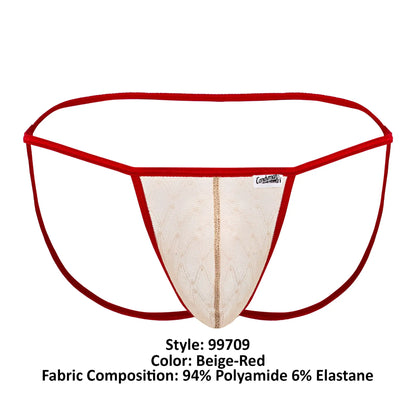 Beig and red mesh thong jockstrap with central gold-colored seam detail from candyman 99709 micro lace collection