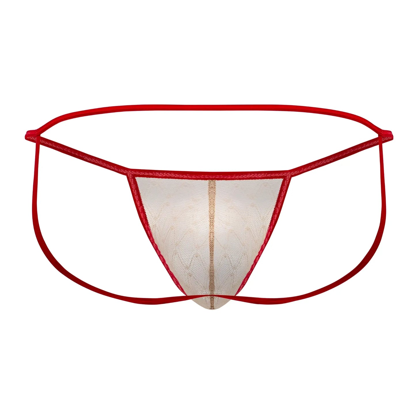 Red lace thong jockstrap by candyman with sheer patterned center panel and thin elastic waistband in beige red