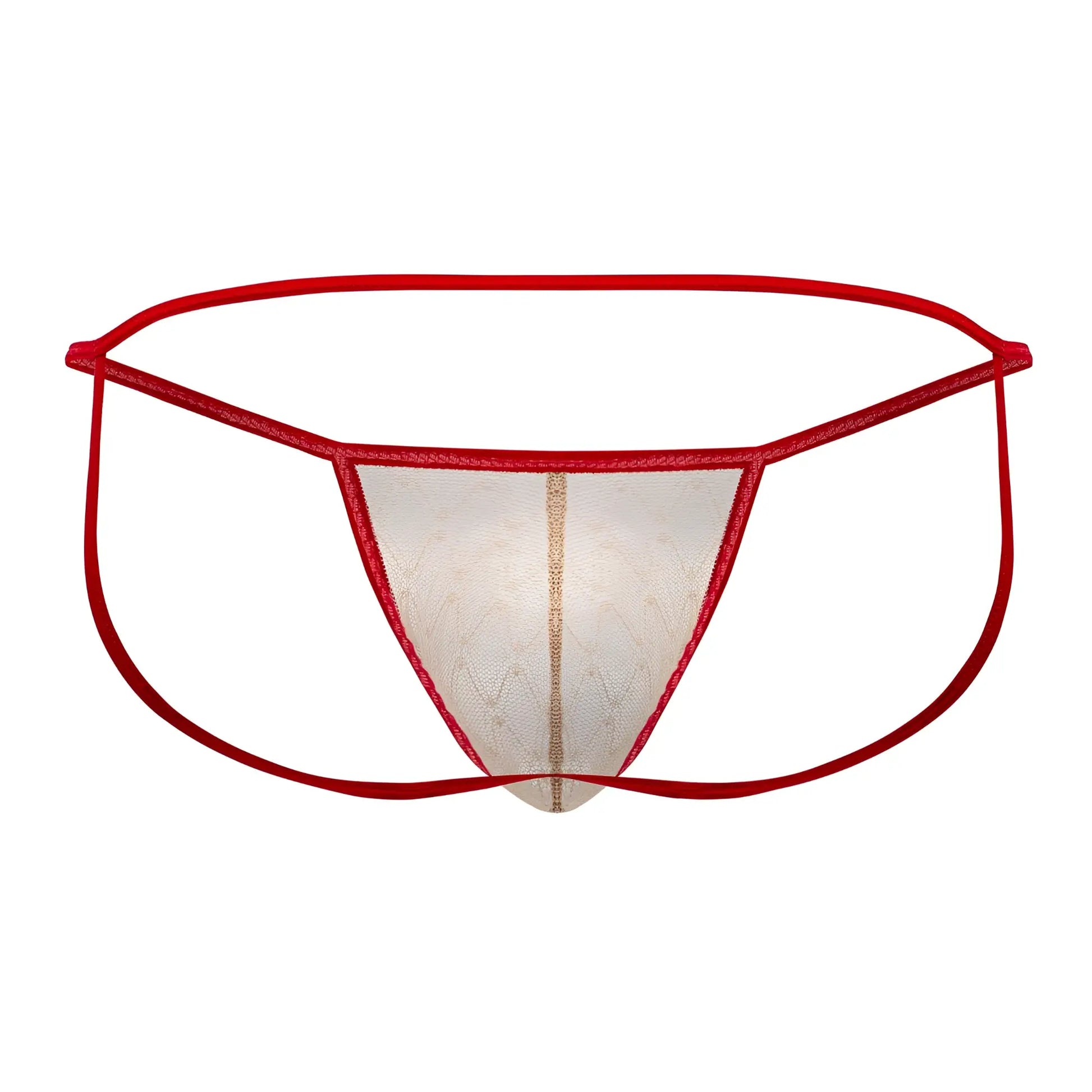 Red lace thong jockstrap by candyman with sheer patterned center panel and thin elastic waistband in beige red