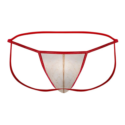 Red lace thong jockstrap by candyman with sheer patterned center panel and thin elastic waistband in beige red