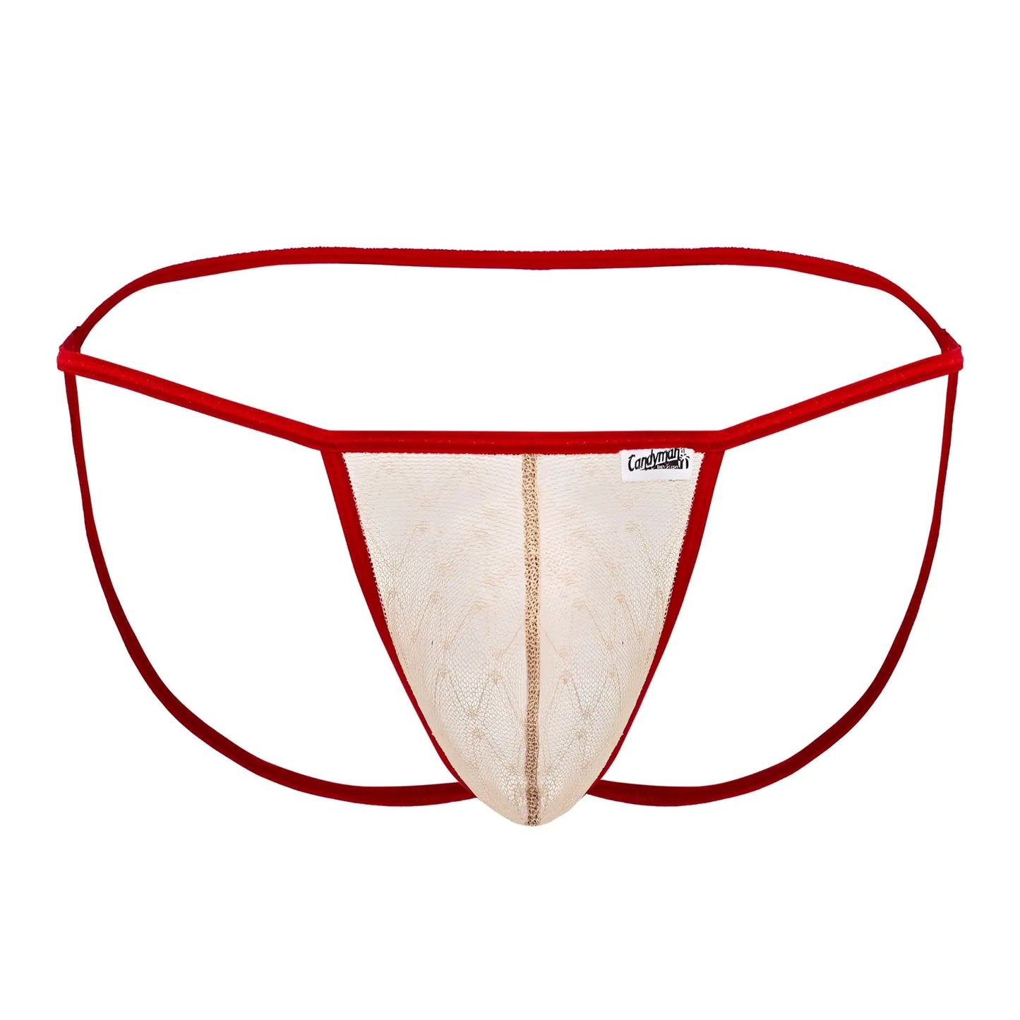 CandyMan 99709 beige-red micro lace jockstrap with red-trimmed mesh thong and gold-toned vertical stripe