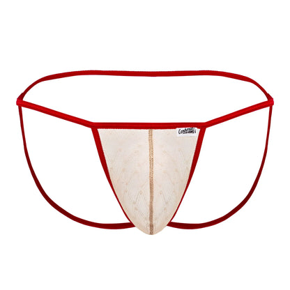 CandyMan 99709 beige-red micro lace jockstrap with red-trimmed mesh thong and gold-toned vertical stripe