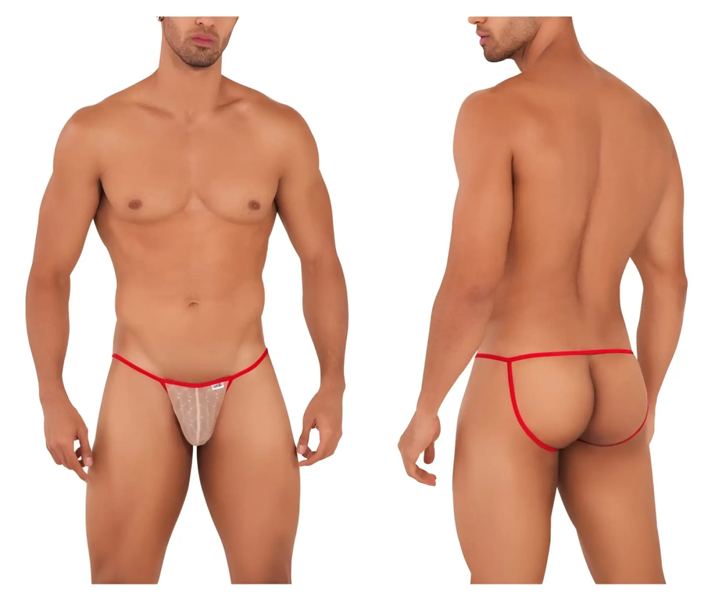 Red-trimmed sheer lace thong in beige and red with subtle pattern and small brand tag candyMan 99709 micro lace jockstrap
