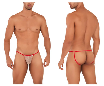Red-trimmed sheer lace thong in beige and red with subtle pattern and small brand tag candyMan 99709 micro lace jockstrap
