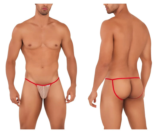 Red-trimmed sheer lace thong in beige and red with subtle pattern and small brand tag candyMan 99709 micro lace jockstrap