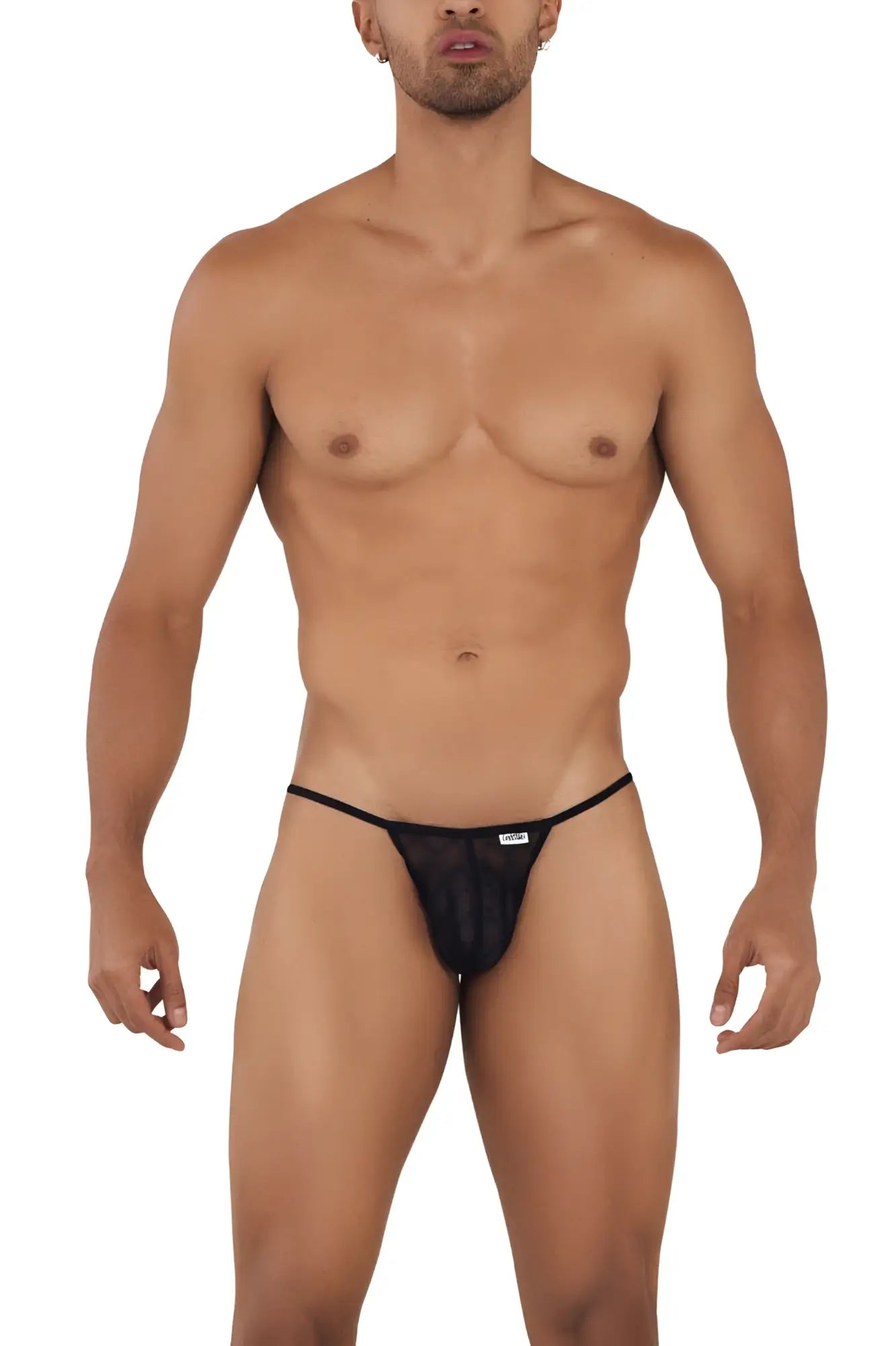 Black CandyMan 99709 micro lace jockstrap thong with mesh fabric and small white logo on front