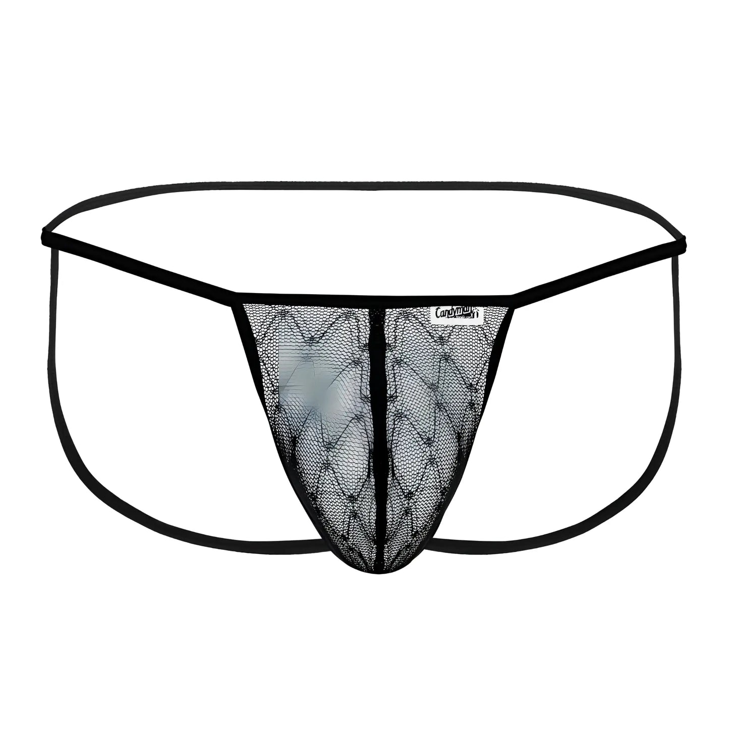 Black lace thong candyMan 99709 with diamond-patterned mesh front and solid black elastic waistband