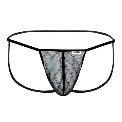 Black lace thong candyMan 99709 with diamond-patterned mesh front and solid black elastic waistband