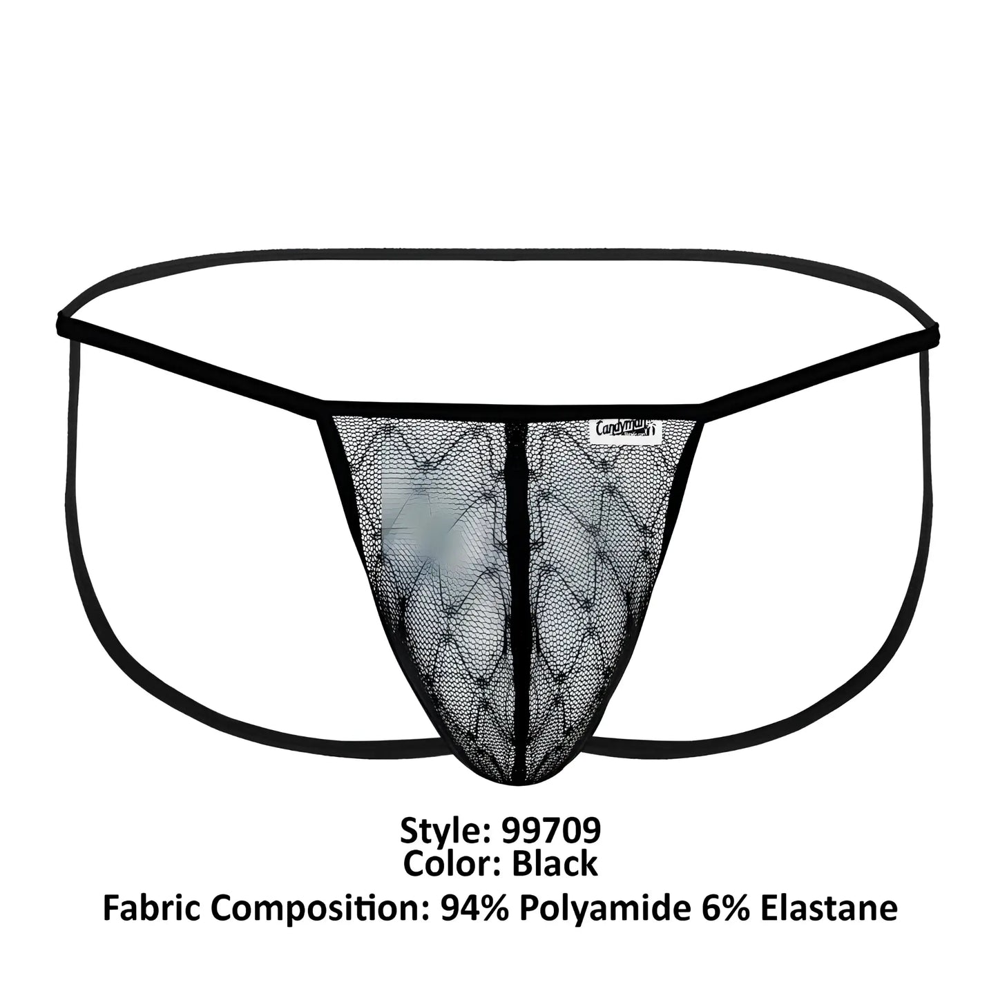 Black lace thong candy man 99709 with diamond-patterned mesh and black elastic waistband shown from the back side