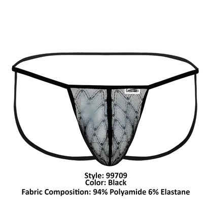Black lace thong candy man 99709 with diamond-patterned mesh and black elastic waistband shown from the back side