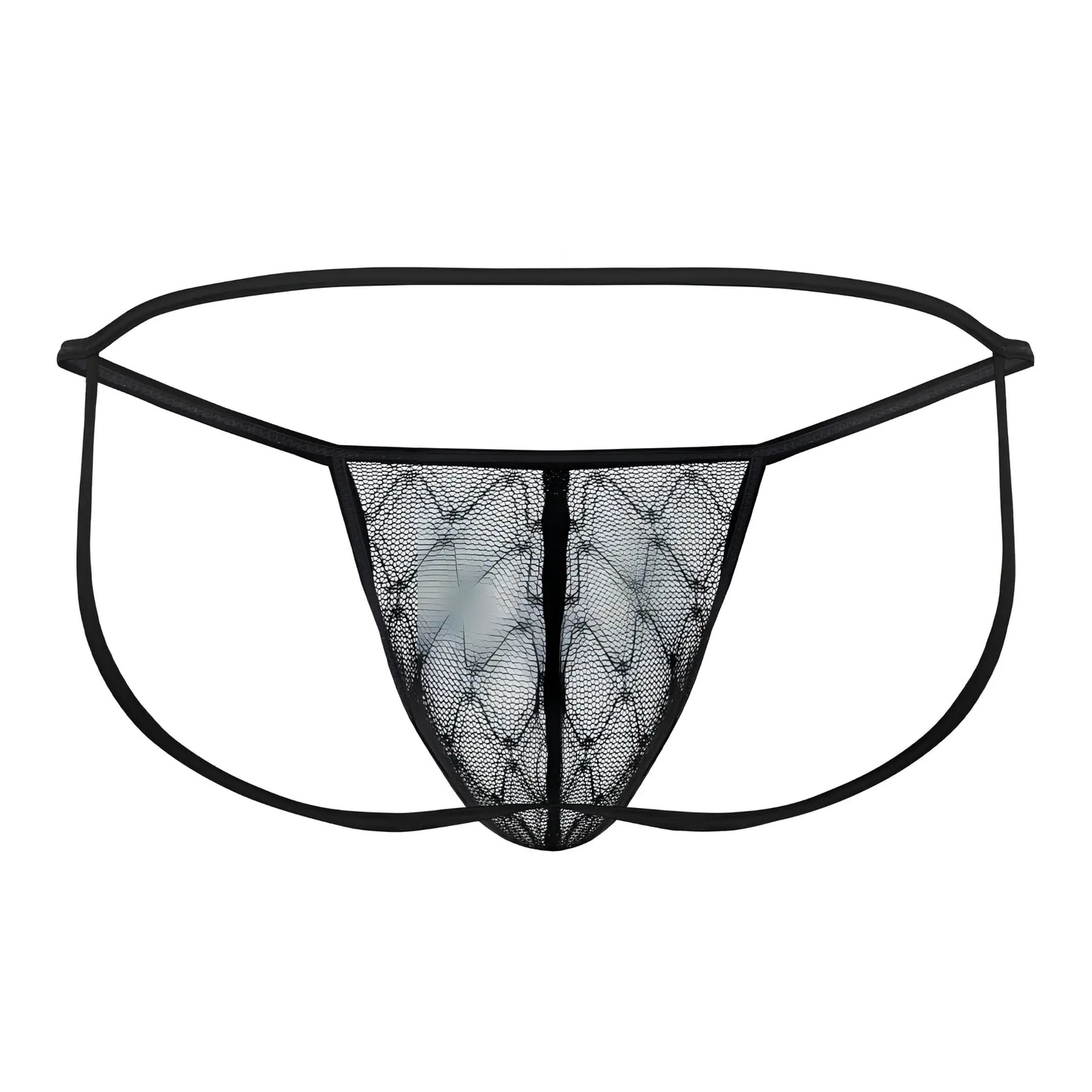 Black lace thong candyMan 99709 with diamond mesh design and thin elastic waistband in black color