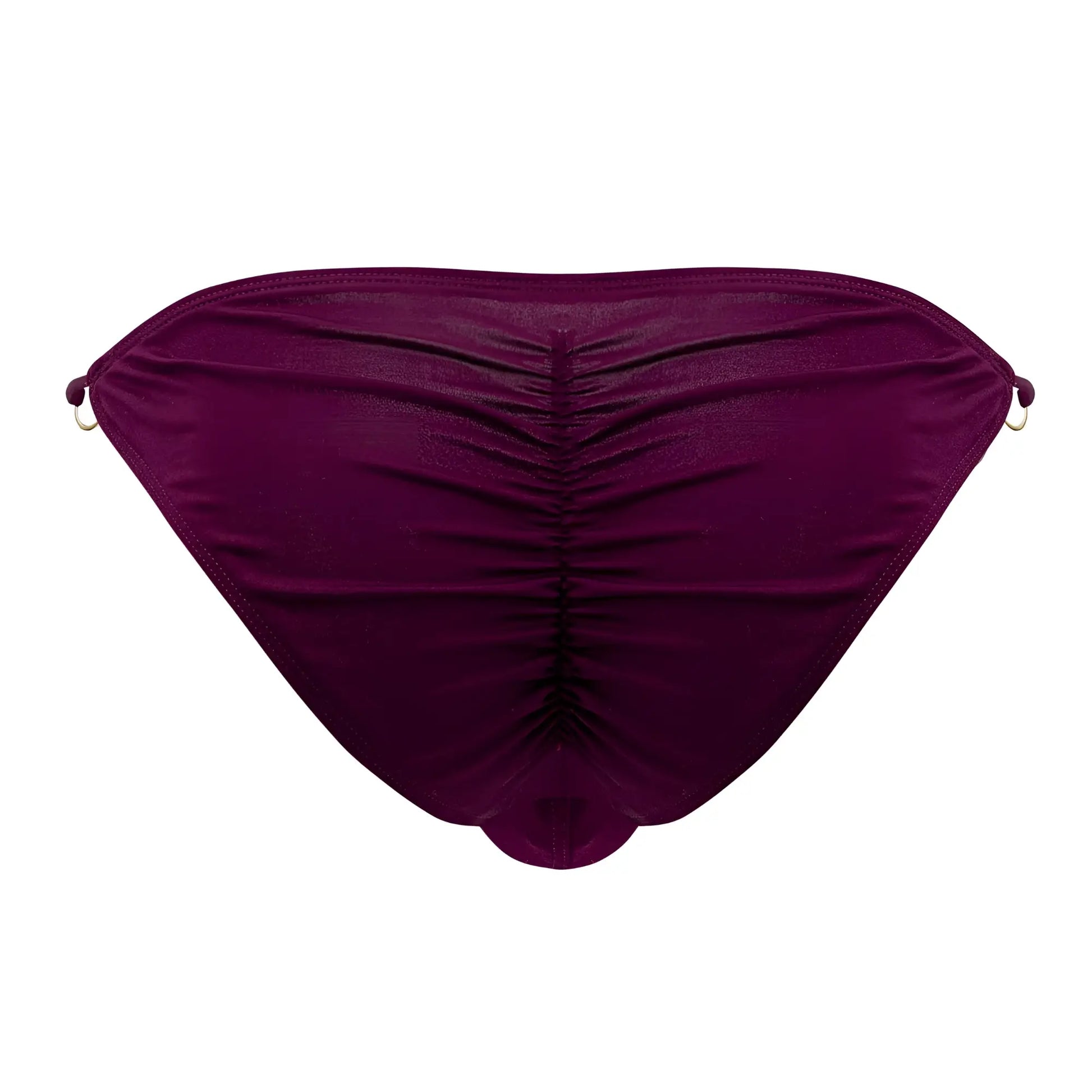 Burgundy deep purple ruched satin bikini bottom with small metallic rings at the sides candyMan 99710 holes in one