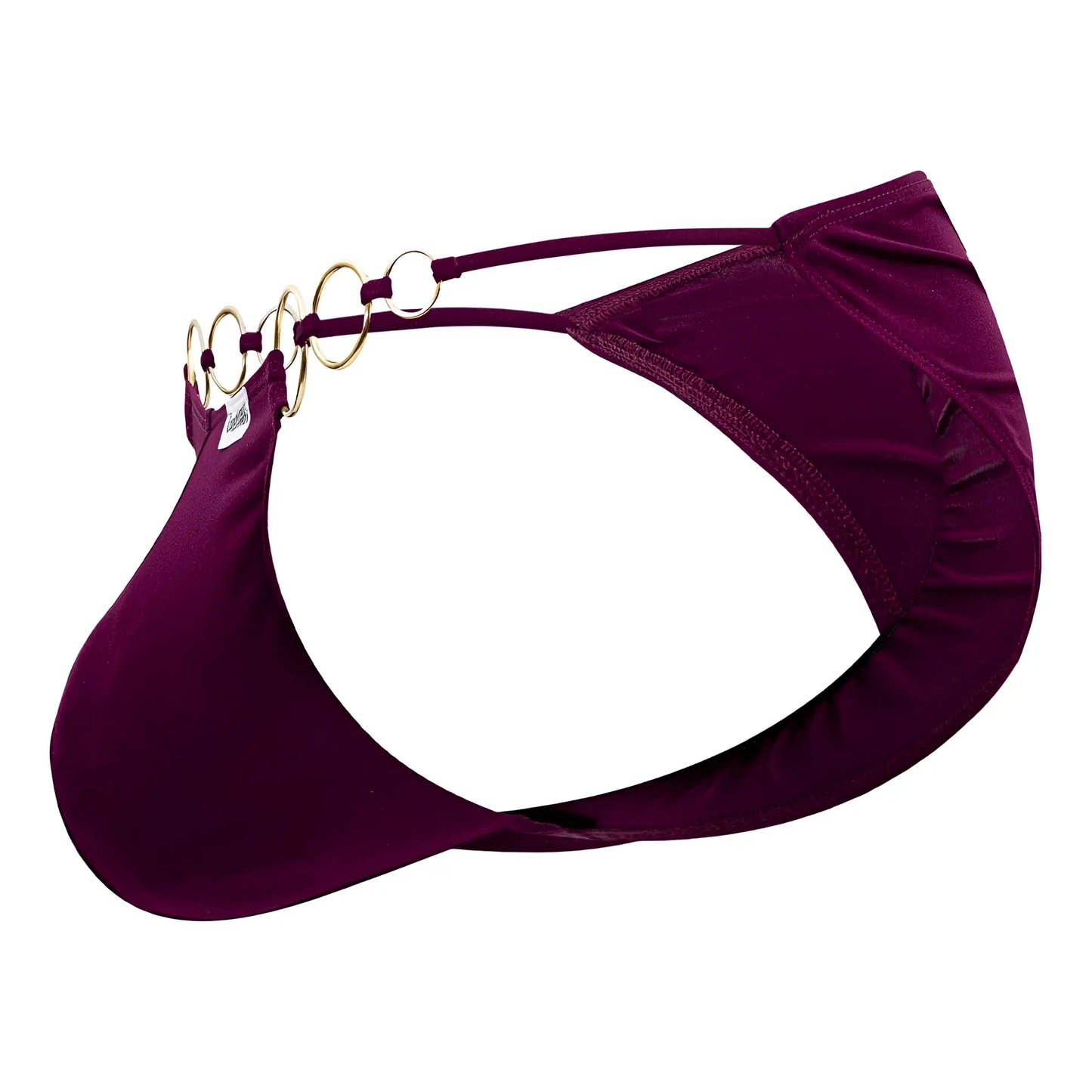 Back view of candyman 99710 holes in one bikini thong in burgundy satin with gold-toned ring chain detail