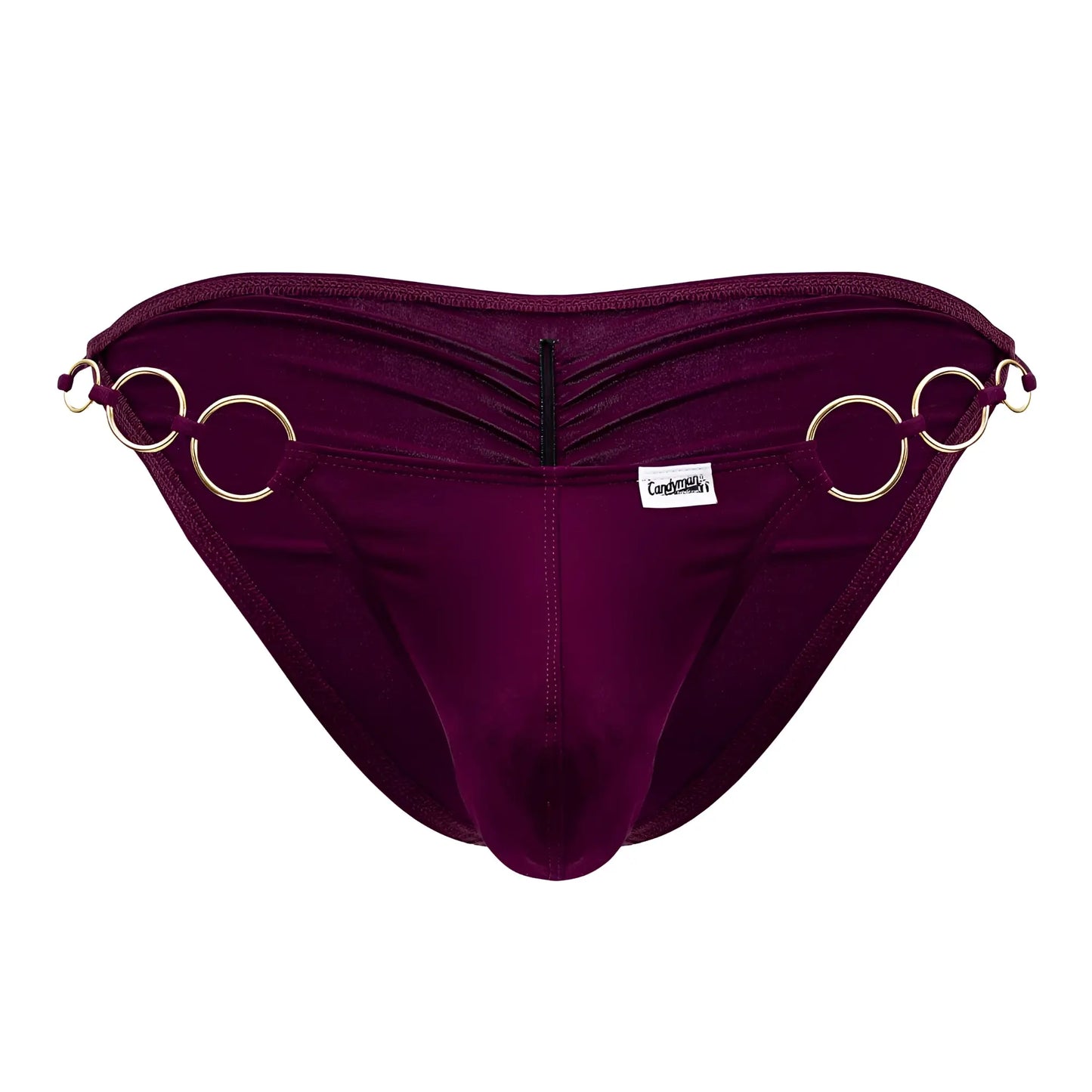 Deep purple velvet briefs with gold-toned metal rings and central zipper candyMan 99710 holes in one bikini burgundy